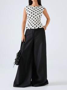 LYSMO Women's White Polka Dot Short Sleeve Cropped Top, Spring/Summer New Arrival - Beige - View 1