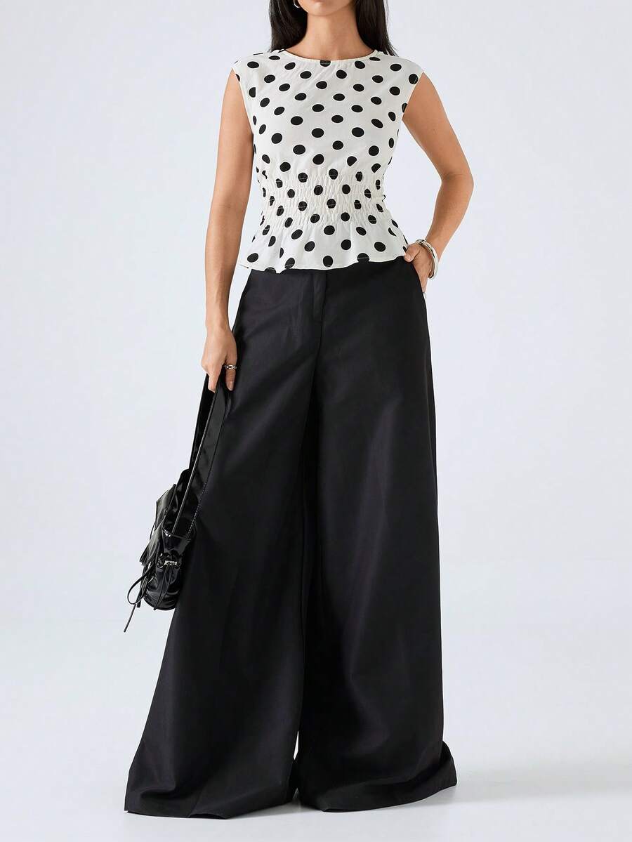 LYSMO Women's White Polka Dot Short Sleeve Cropped Top, Spring/Summer New Arrival - Beige - View 1