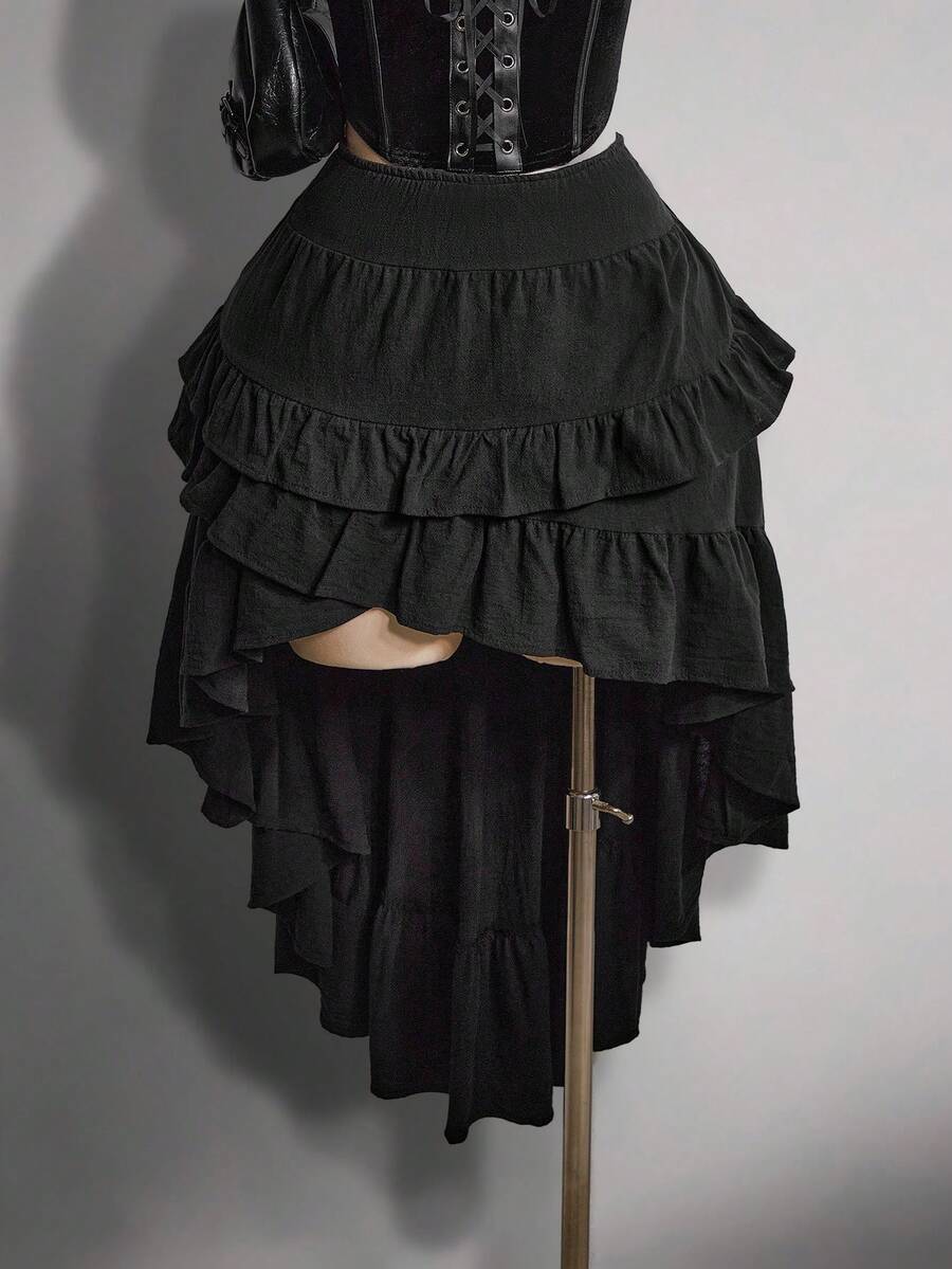 SHEIN ICON Váy xếp ly bất đối xứng màu trơn dành cho nữ cỡ lớn - màu đen - Xem 1