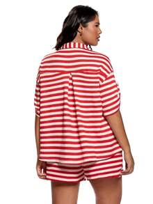 SHEIN Unity Bộ đồ nữ cỡ lớn gồm áo tay xắn, kẻ sọc, cài cúc đơn và quần short, kiểu dáng thường ngày. - Đỏ - Xem 2