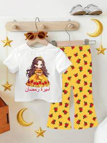 2pcs/Set Girls Casual Fashion T-Shirt & Flare Pants Outfit,Spring/Summer,Floral Print And Cartoon Character Pattern,Suitable For Outdoor,School,Party - Multicolor - View 2