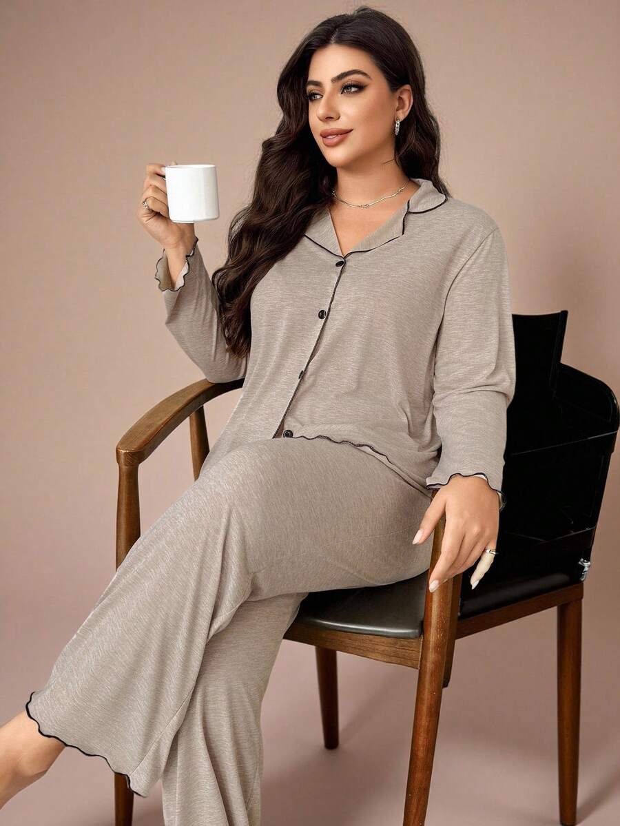 Lazeform Plain Khaki 2-Pieces Lounge Wear Set With Long Sleeves And Lettuce Trim Top & Pants Casual Loose Frill Trim Super Soft Draping Lightweight Summer Knit Khaki Fabric Plus Size Open Front Long Sleeve Top & Pants Set, Outfits  Cozy And Elegant Details, Fall Winter Clothes - Khaki - View 1