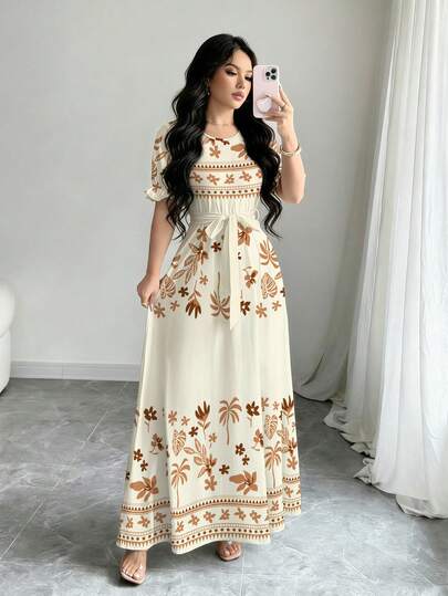 Modelyn Vestido de línea A de manga larga con cuello redondo con estampado digital floral y geométrico para mujer, primavera