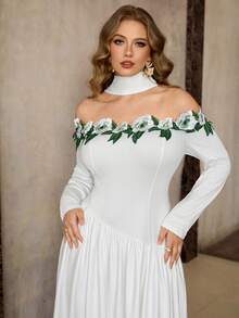 Roveilla 大码女式白色露肩褶皱A字长袖碎花边连衣裙，优雅甜美，适合约会、海滩度假、婚礼、情人节等场合。 - 白色 - 查看 3