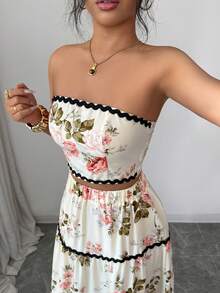 SHEIN Raffinéa 2pcs Elegant Holiday Strapless Top And Skirt Set For Women, Spring/Summer - Apricot - View 3