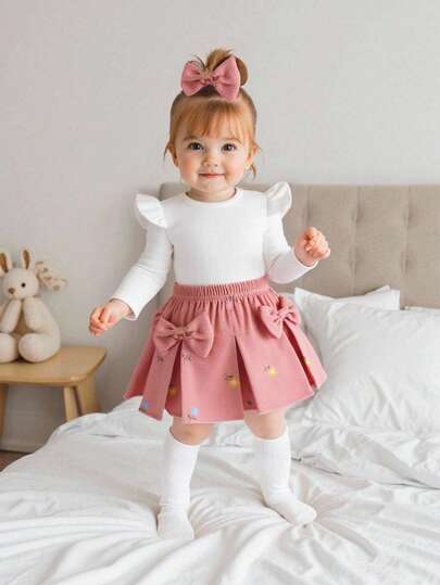 SHEIN Set de 2 piezas de blusa de manga larga blanca de punto y falda de pana rosa bordada para niñas bebé, conjunto lindo para otoño/invierno