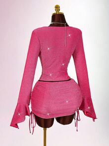 Amplova Women's Sexy 2 Pieces Set, Suitable For Party, Long Sleeve Top With Bra Cup And Mini Skirt, Autumn/Winter Hot Pink Outfit Women Pink 2 Piece Set Pink Club Dress - Hot Pink - View 2