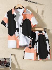 SHEIN 2pcs Tween Boys' Summer Casual Printed Shirt & Shorts Set - Orange - View 1