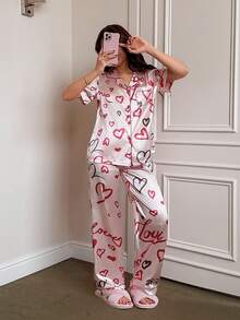 SHEIN Bộ đồ ngủ nữ giả lụa tay ngắn và quần dài in hình trái tim và chữ cái, có túi. - Hồng - Xem 5