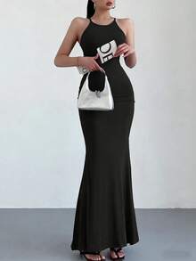 女士纯色鱼尾吊带连衣裙长款女装 - 黑色 - 查看 4