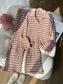 SHEIN 少女休闲条纹T恤和裤子套装，秋季 - 粉色 - 查看 3