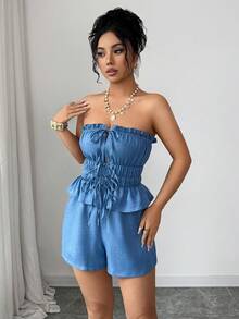 Rafferiza Conjunto Feminino Women's New Spring/Summer Blue Denim Texture Strappy Jumpsuit With Thin Straps, Bandeau-Style Top, Drawstring And Bow Detail At The Bust, Elasticated Waist, And Ruffled Hem Shorts Set. - Blue - View 6
