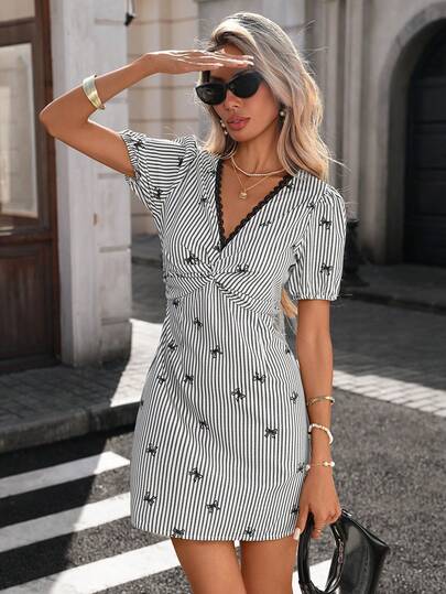 Pariaura Women's Spring/Summer French Elegant Design Black Lace Patchwork V-Neck Short Sleeve Twist Waist Bow Striped Print Dress