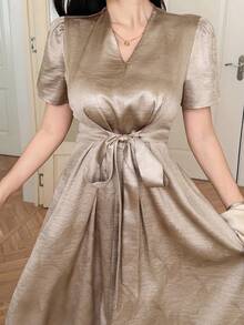 DAZY Women's Contrast Color Long Sleeve Robe And V-Neck Short Sleeve Tie Waist Dress Elegant 2-Piece Set - Gold - View 7