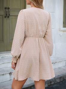 Louniche Women's Lace Collar Waist Flared Short Dress, Spring/Autumn - Khaki - View 2