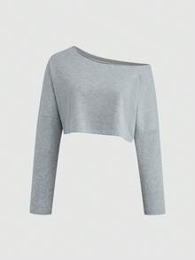 Sweetra 纯色简约露肩宽松舒适短袖长袖卫衣 - 黑色 - 查看 18