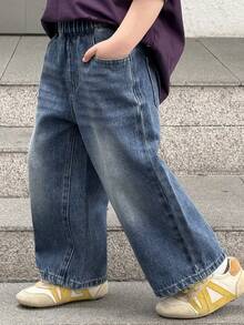 DAZY Young Boy Pocketed Button Casual Versatile Daily Wear Wide Leg Jeans - Blue - View 1