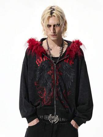 Goth Felpa con cappuccio casual da uomo con chiusura lampo e bordo in pelliccia sintetica di colore scuro, autunnale