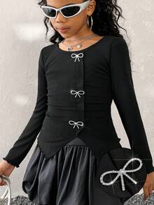 Coolane Kids Tween Girls Spring/Summer ,Daily Wear Essentials,Cute Diamond Bow Decor Minimalist Irregular Slits At The Hem Long Sleeve T-Shirt