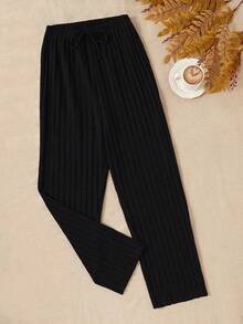 女士纯色磨毛罗纹休闲裤 - 黑色 - 查看 4