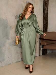Roveilla Đầm maxi satin xếp ly nhún eo có thể điều chỉnh dành cho nữ cỡ lớn, phong cách Pháp cổ điển thanh lịch, phù hợp cho công sở, tiệc tùng, Giáng sinh, Lễ Tạ ơn, Năm mới, mùa thu/đông. - màu xanh lá - Xem 7