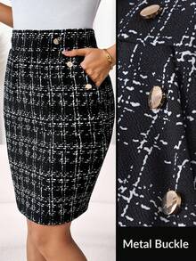 Editum Women's Elegant Faux Leather Pocket With Metal Buckle Skirt, Suitable For Work, Casual And Daily Wear In Summer - Black and White - View 6