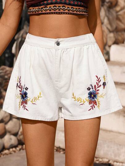 SHEIN Holidaya 女士休闲宽松花卉刺绣牛仔短裤