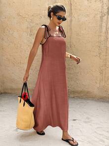 SHEIN Frenchy Đầm nữ đi nghỉ mát, kiểu dáng thường ngày, thắt dây vai. - Gỗ đỏ - Xem 7