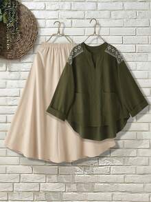 SHEIN Franclia 2pcs Women Embroidered Elegant Minimalist Long Sleeve Top And Bottom Set Modest Tops Modest Blouse Tops Fall Tops Cape Top - Green - View 1