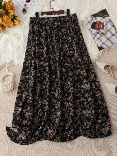 SHEIN Tall CURVE 大码A字碎花高低摆半身裙