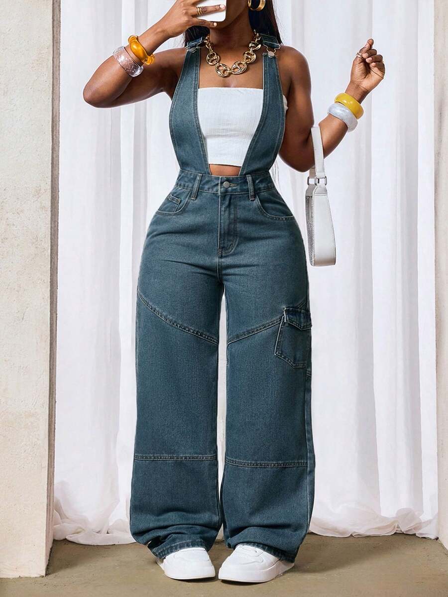 Slaydiva Plus Size Women Sleeveless Buttoned Denim Jumpsuit With Pockets, Casual & Versatile For Commuting & Outings - Blue - View 1