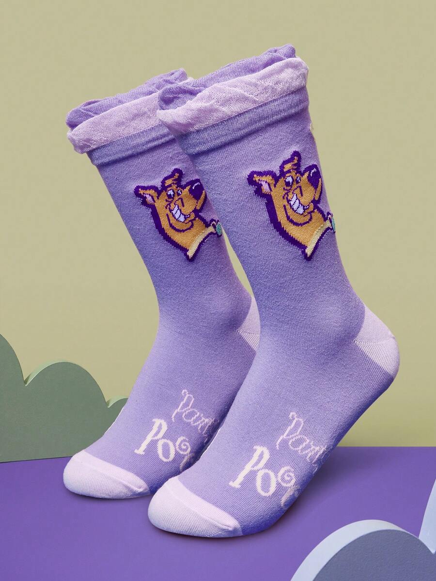 SCOOBY-DOO X SHEIN 1 Đôi tất cổ cao cổ họa tiết chó tím cho nữ - Nhiều màu - Xem 1