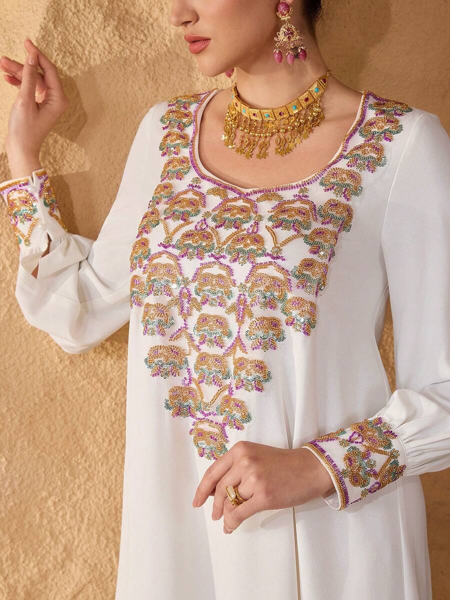 Layrah 优雅飘逸装饰领女式时尚连衣裙 - 白色 - 查看 1