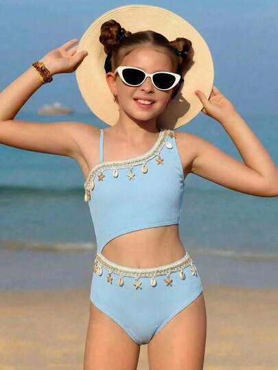 SHEIN Tween Girls One-Pieces Swimsuit, Casual Vacation Style, Blue Ribbed Knit, Digital Cutout Waist, One-Piece Set  Fashionable, Casual, Refined, And Elegant, Perfect For Ladies. Ideal For Swimming, Summer Vacations, Beach Outings, Poolside Activities, Summer Party Gatherings, And Leisurely Getaways Girls Sky Blue Swimsuit Summer Teens Swim Suit