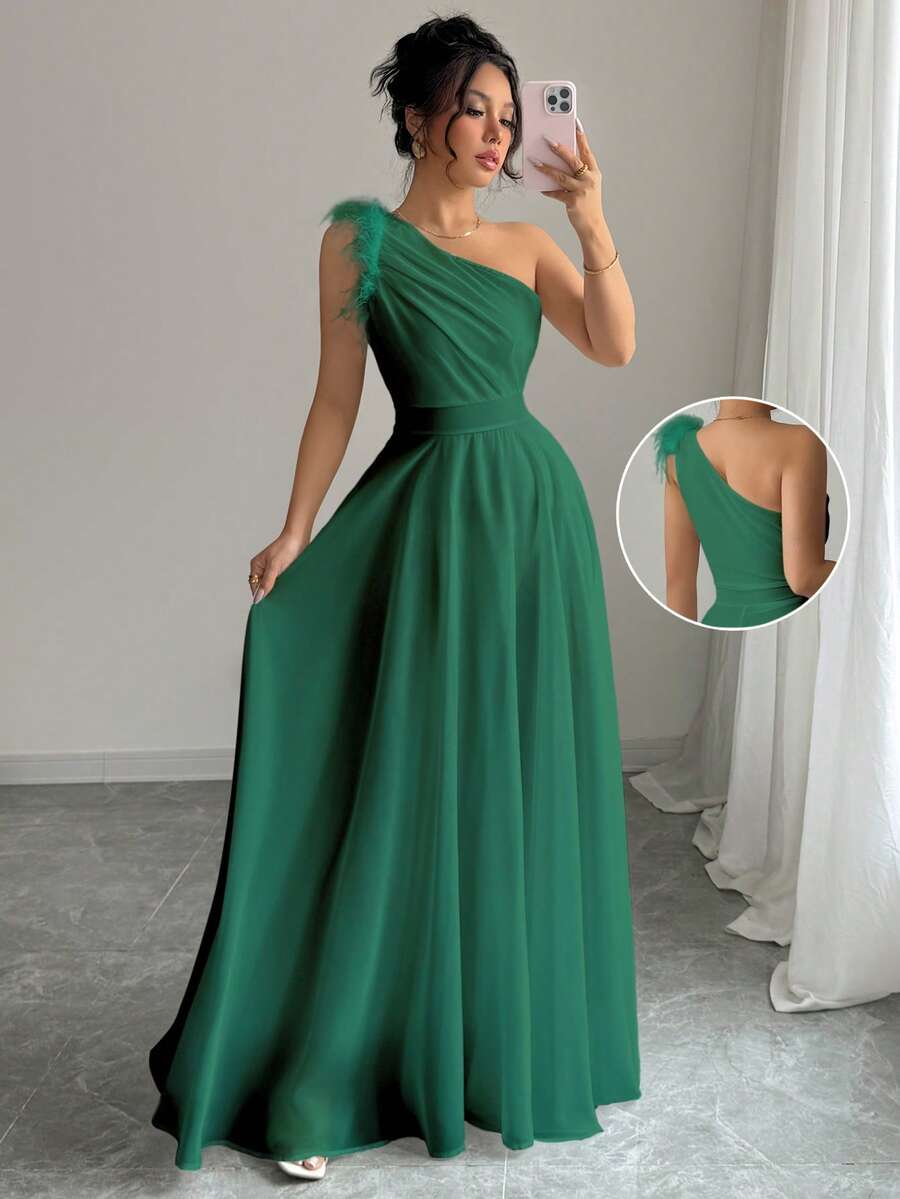 Modelyn Vestido de fiesta de mujer con un hombro, cintura fruncida, parches y falso pelo - Verde Oscuro - Ver 1
