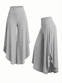 Franclia 2026新款罗纹针织不对称下摆长裤 - 直筒简约风格，休闲办公皆宜 - 灰色 - 查看 1