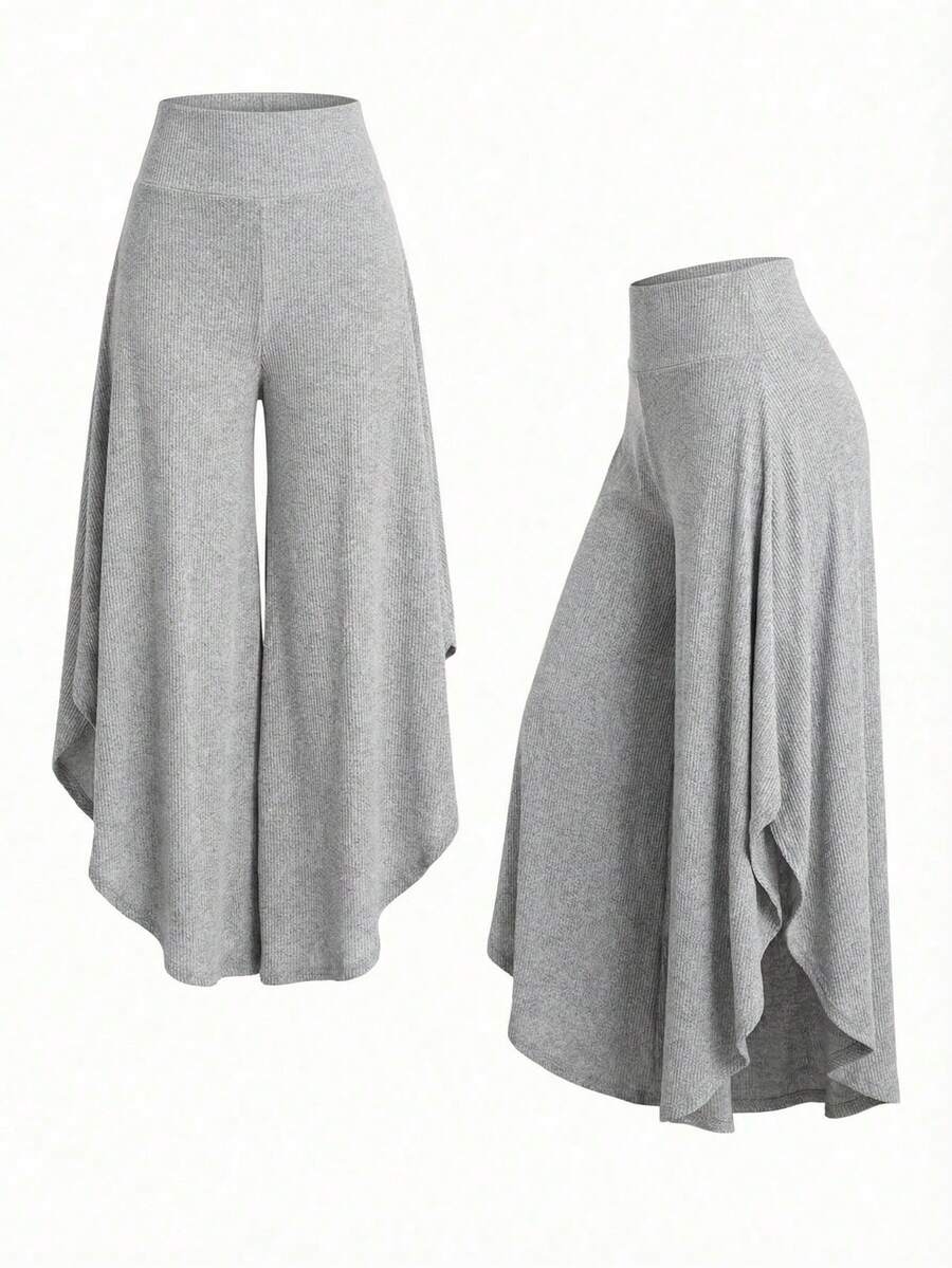Franclia 2026新款罗纹针织不对称下摆长裤 - 直筒简约风格，休闲办公皆宜 - 灰色 - 查看 1
