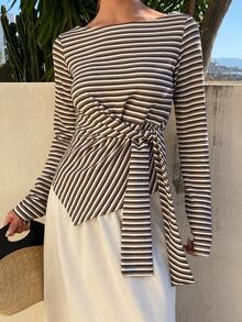 Livesso Women's Casual Asymmetrical Hem Tie Front T-Shirt Long Sleeve - Coffee Brown - View 4