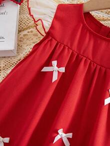 SHEIN 双色编织圆领荷叶边蝴蝶结休闲连衣裙 - 紅色 - 查看 9