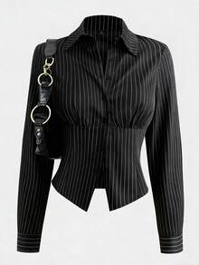 Sunspun Plus Size Fashion Color Block Textured Button Fitted Waist Striped Collar Long Sleeve Women Shirt, Autumn