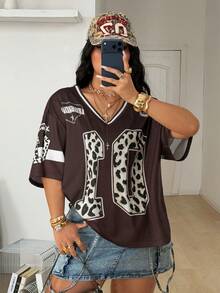 Coolane 女士加大码春夏街头风 Y2K 豹纹数字图案橄榄球球衣 V 领棕色球衣 T 恤 - 棕色 - 查看 3