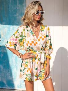 Vivid Eden Women's V-Neck Crossed Waist Tie-Up Ruffle Textured Fabric Casual Vacation Romper,Summer,Summer Vacation Outfits Women, Summer Outfits Women, Summer Outfits Woman, Women Summer Outfits,Vacation,Vacation Style, - Yellow - View 1