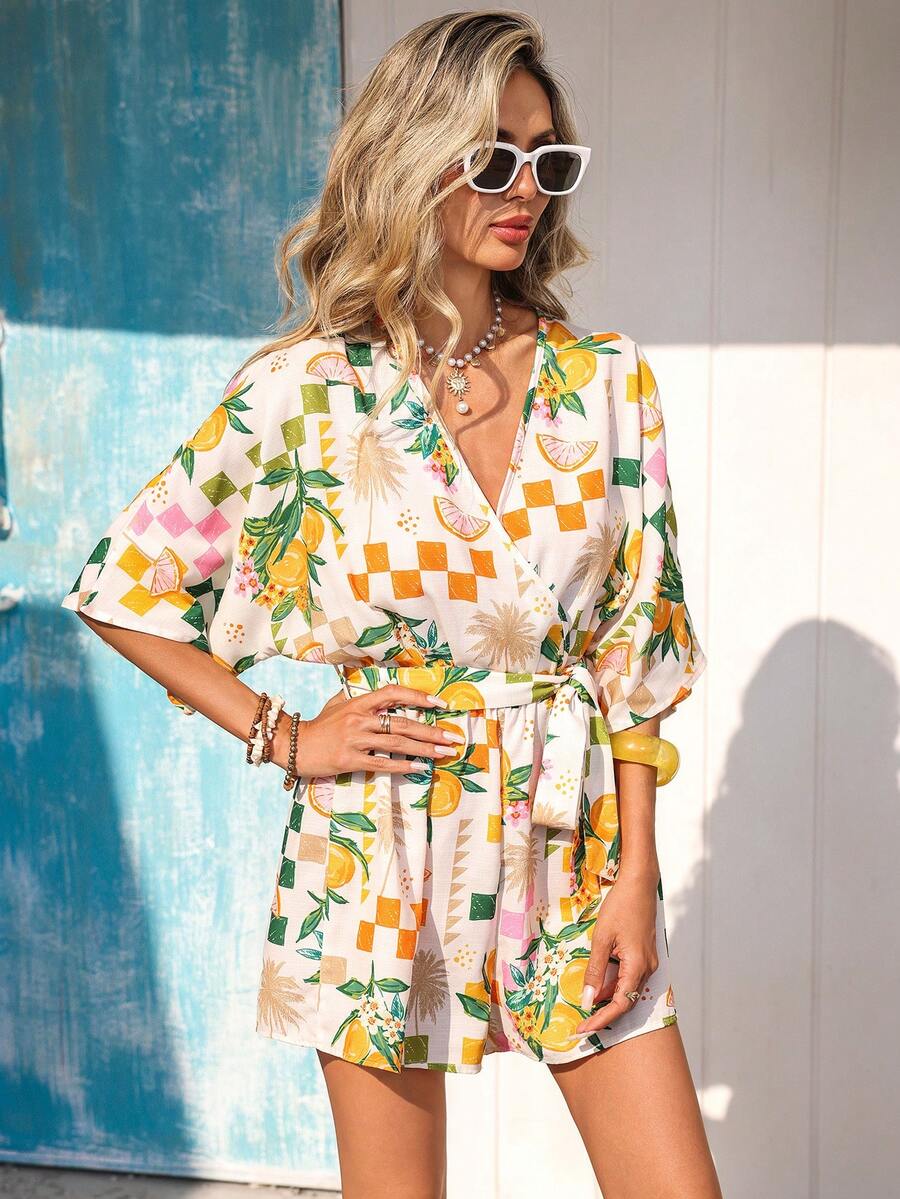 Vivid Eden Women's V-Neck Crossed Waist Tie-Up Ruffle Textured Fabric Casual Vacation Romper,Summer,Summer Vacation Outfits Women, Summer Outfits Women, Summer Outfits Woman, Women Summer Outfits,Vacation,Vacation Style, - Yellow - View 1