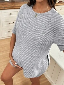 SHEIN 2件套孕妇纯色圆领短袖T恤和可调节腰围短裤哺乳套装 - 灰色 - 查看 5
