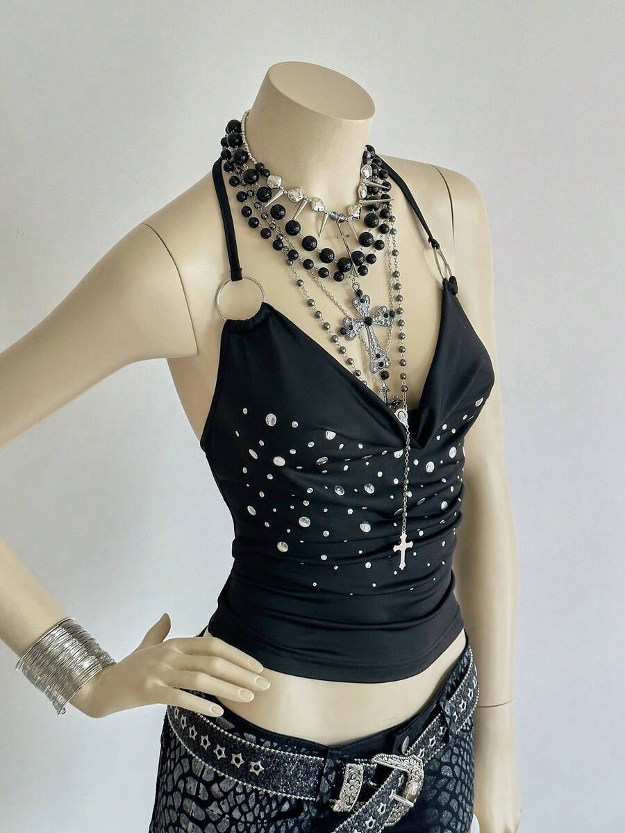 EgrlEra Women's Metallic Ring Halter Neck Sequin Design Camisole - Black - View 1