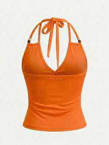 Sweetra Tropical Floral Print Beaded Halter Neck Fitted Top - Orange - View 2