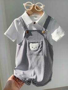 SHEIN 2pcs Set White Summer Casual Family Matching Baby Boy Striped Cartoon Bear Romper Overalls & Short Sleeve Collared Button Shirt Outfit For Birthday - Multicolor - View 8