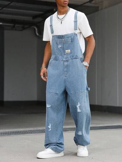 Manfinity EMRG Peto vaquero casual con parches y tirantes para hombres, a rayas azules