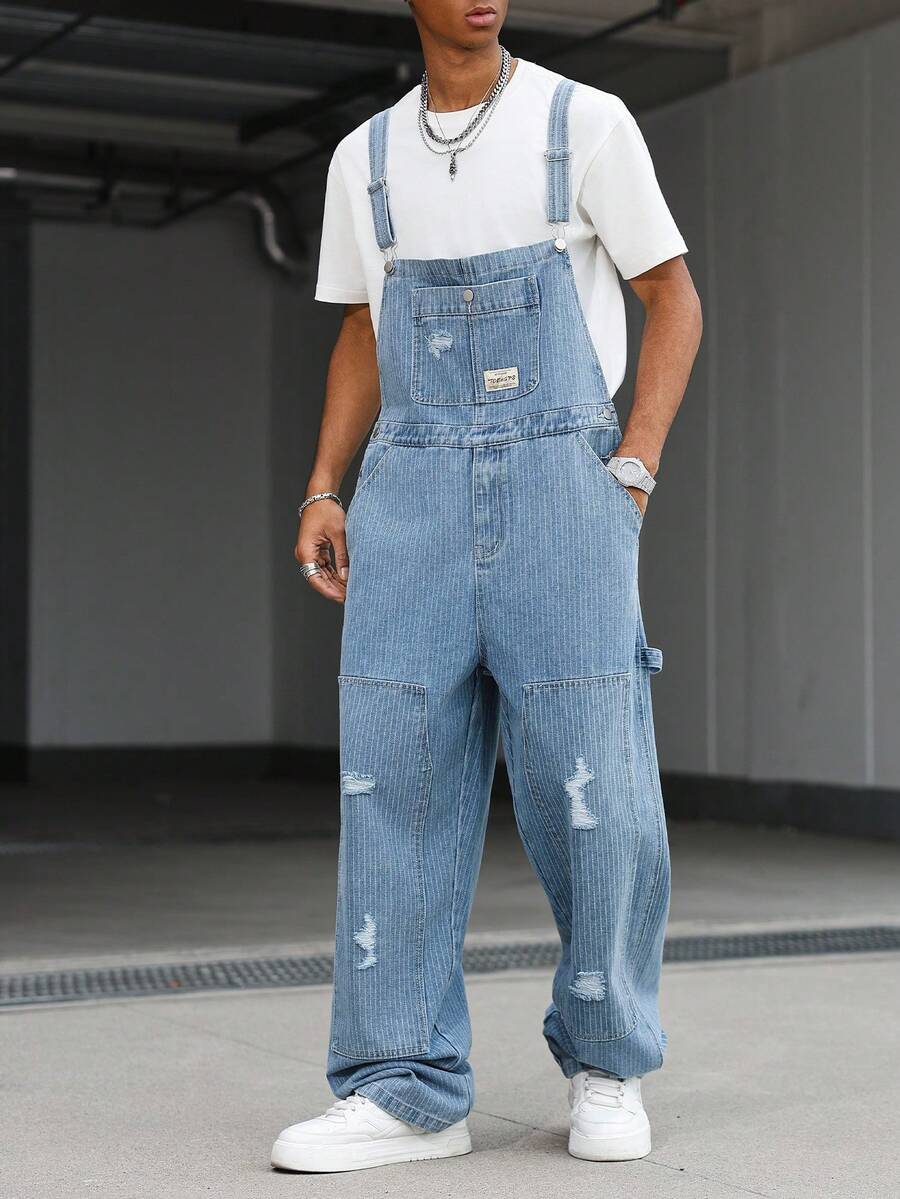 Manfinity EMRG Men's Casual Distressed Patch Chest Strap Denim Overalls, Blue Striped - Light Wash - View 1