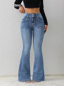 SHEIN Tall Quần jeans nữ dáng ôm, co giãn, ống loe. - Rửa nhẹ - Xem 2